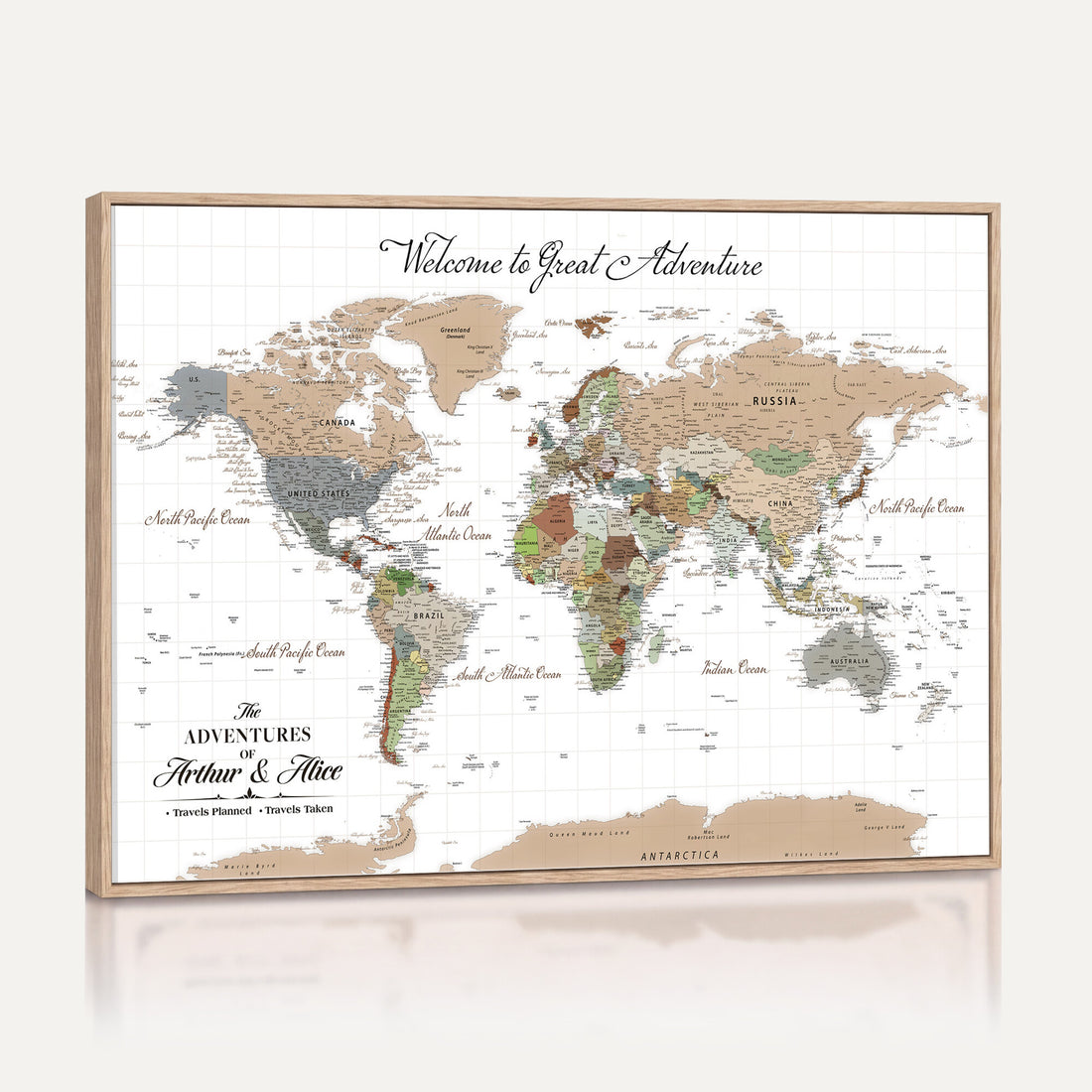 Custom Beige Push Pin World Map Wall Art, Bucket List Map, Study and Hallway Decor