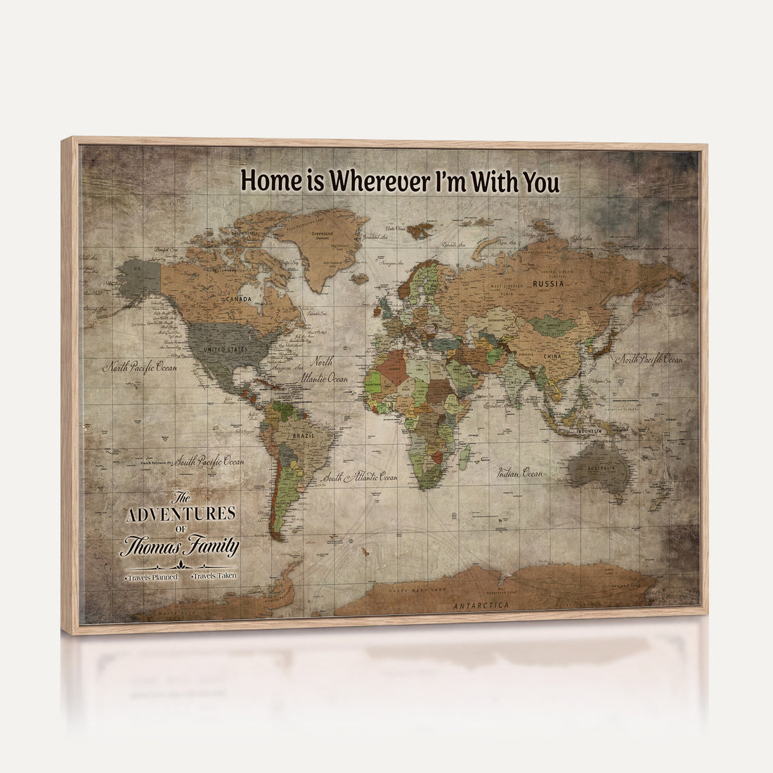 Personalized Beige Geometric World Map Canvas with Push Pins, Next Trip Planner Map, Study and Entryway Decor