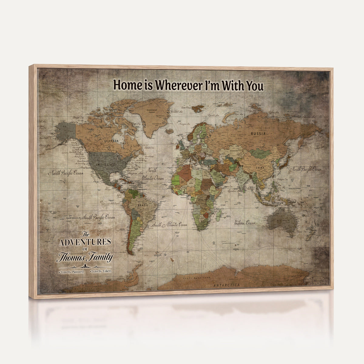 22593671-MGV-CV-36X24 - Personalized Beige Geometric World Map Canvas with Push Pins, Next Trip Planner Map, Study and Entryway Decor