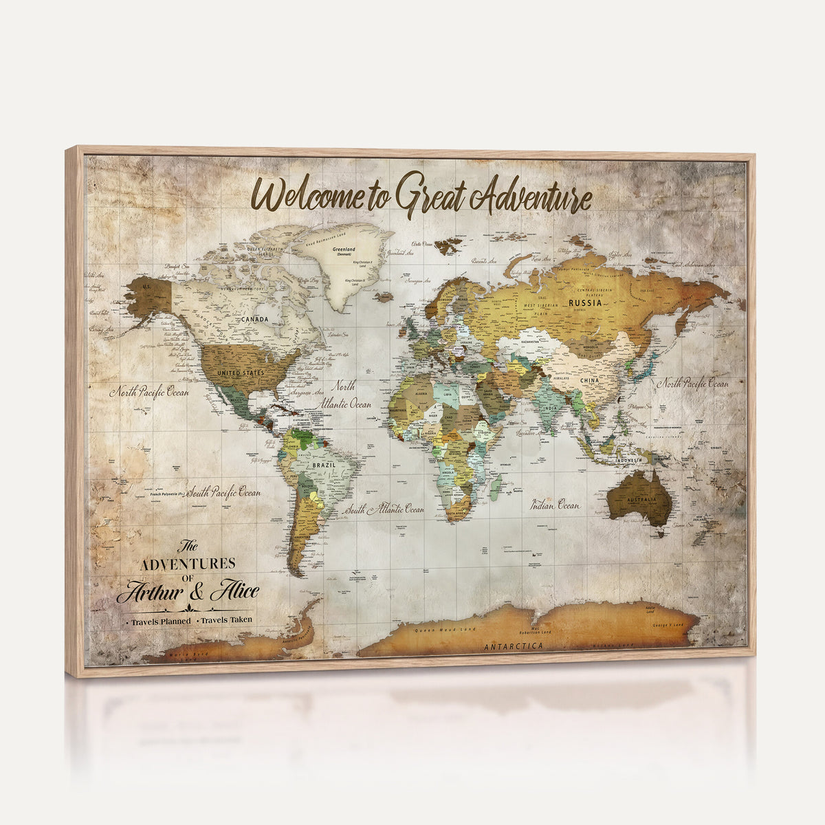 33043195-MGV-CV-36X24 - Personalized Beige World Travel Map Wall Art with Pins, Family Travel Tracker, Family Room and Study Decor