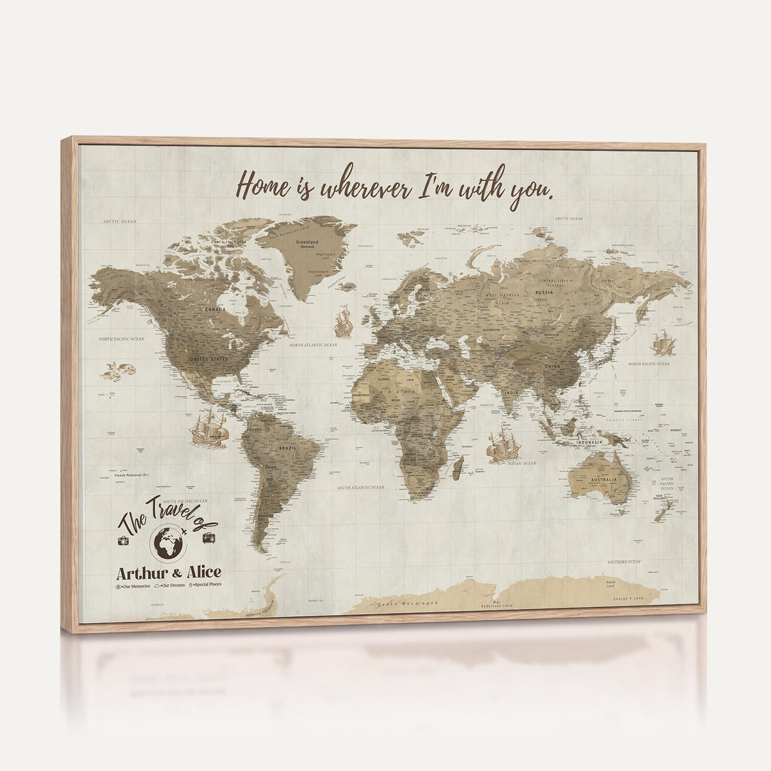 Custom Beige Geometric World Map Canvas with Push Pins, Honeymoon and Anniversary Gift, Dining Room and Hallway Decor