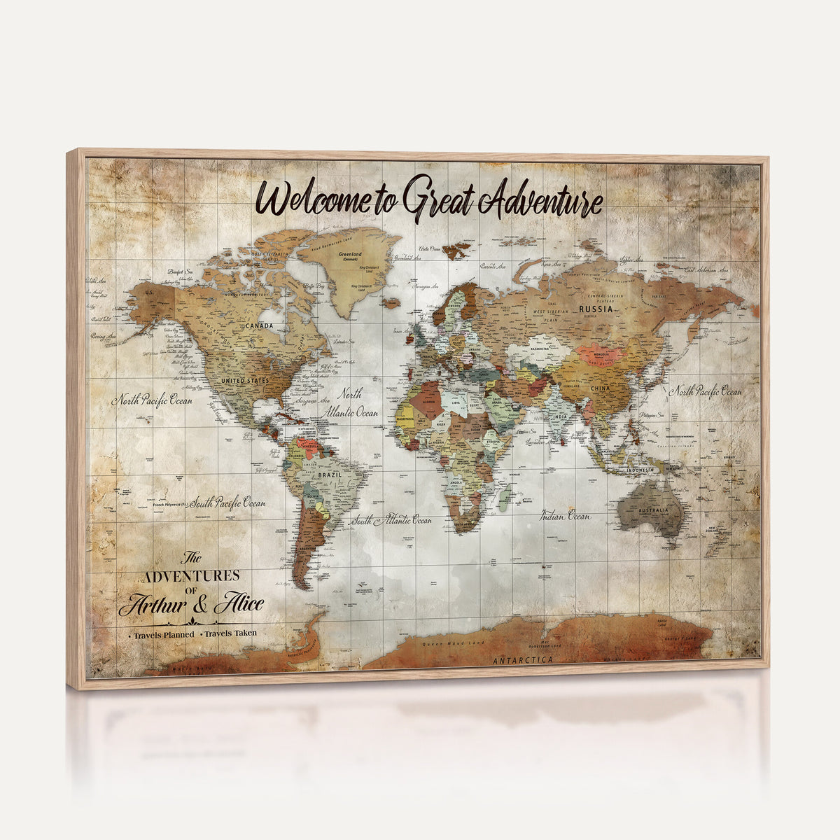 22906161-MGV-CV-36X24 - Personalized Beige Push Pin World Map Wall Art, Bucket List Map, Living Room and Family Room Decor