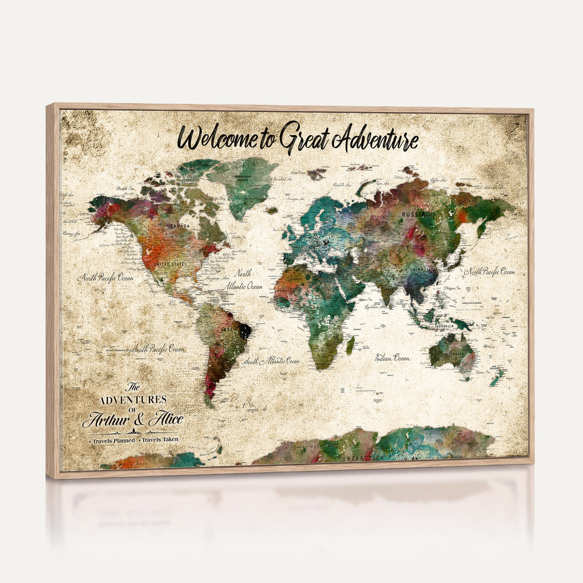 89225601-MGV-CV-36X24 - Personalized Beige Grunge World Map Canvas with Push Pins, Next Trip Planner Map, Family Room and Home Office Decor