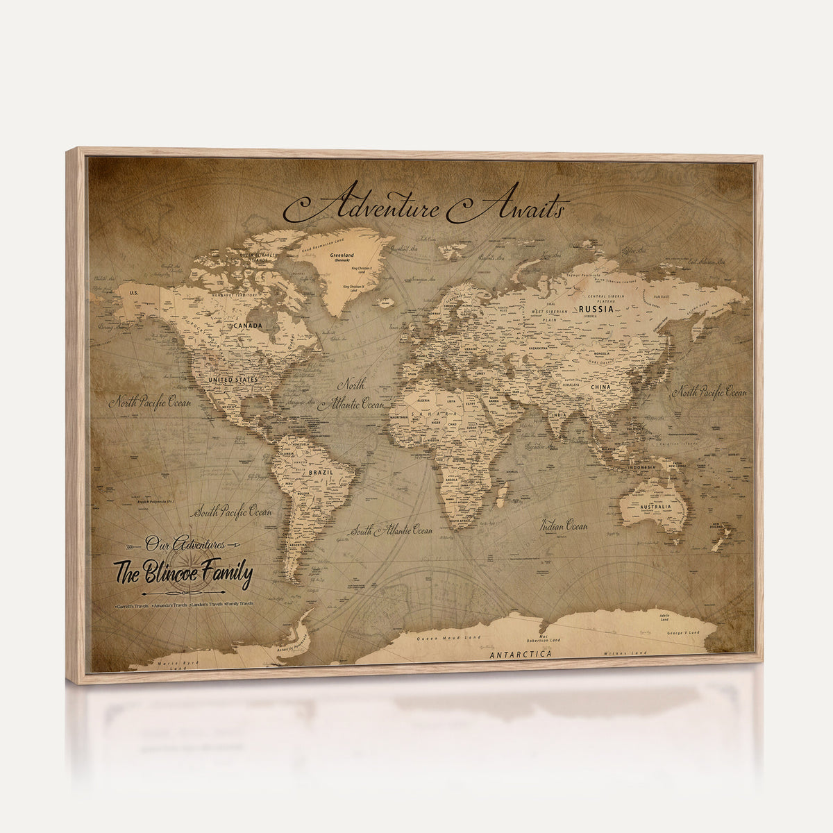 59418012-MGV-CV-36X24 - Personalized Framed Beige World Travel Map Wall Art with Pins, Family Travel Tracker, Family Room and Entryway Decor