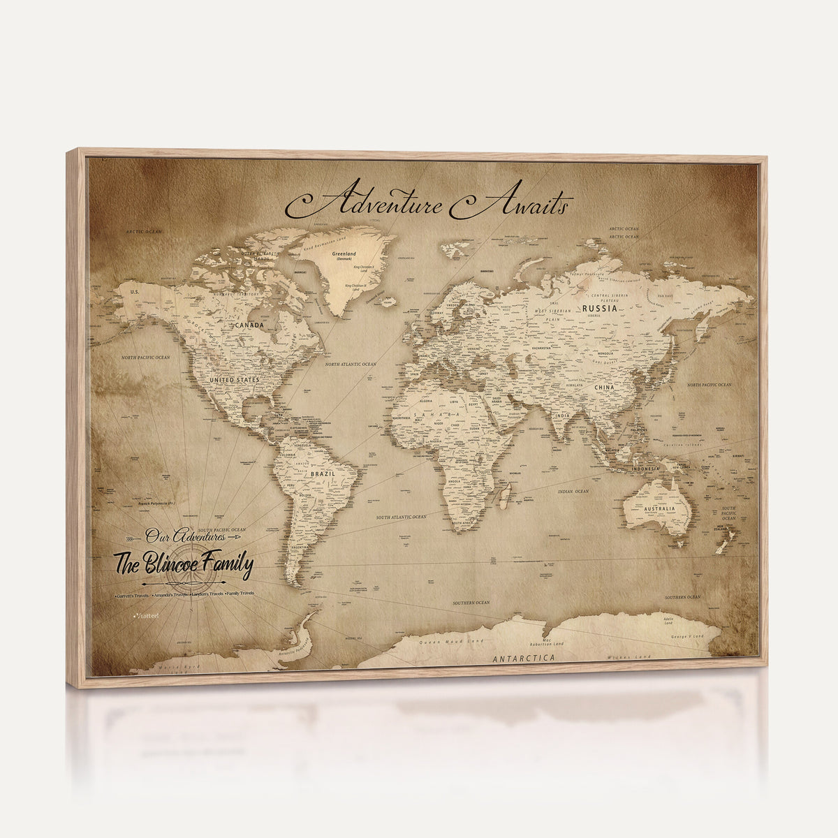 59757370-MGV-CV-36X24 - Personalized Black Modern Push Pin World Map Wall Art, Places Visited Tracker, Family Room and Bedroom Decor