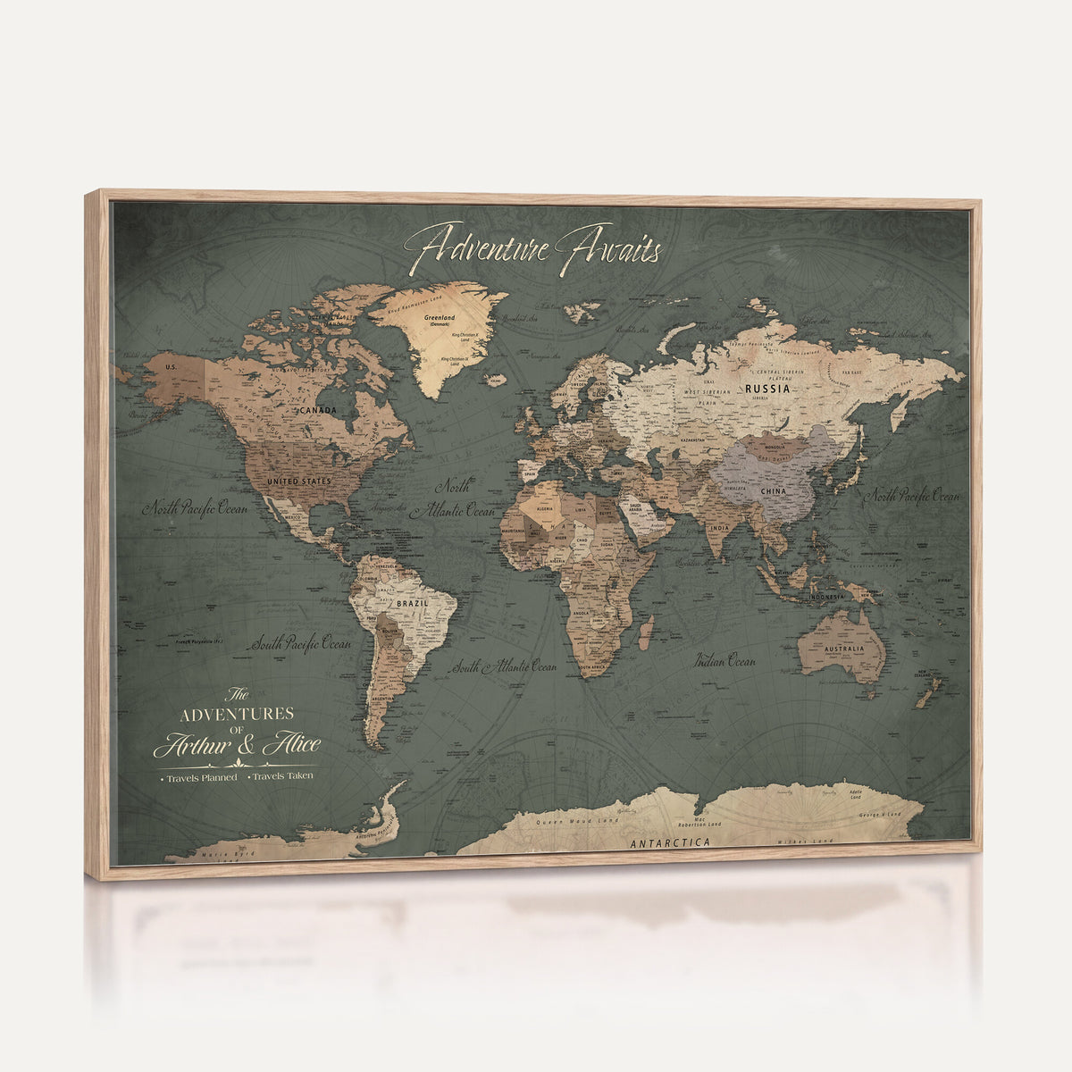 24734446-MGV-CV-36X24 - Personalized Framed Beige Modern World Map Canvas with Push Pins, Bucket List Map, Family Room and Dining Room Decor