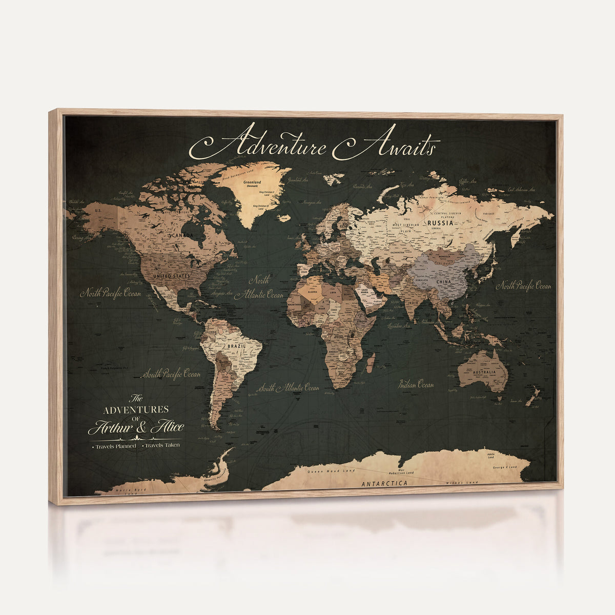 74987709-MGV-CV-36X24 - Custom Gray Modern Push Pin Travel Map Canvas Print, Next Trip Planner Map, Family Room and Bedroom Decor