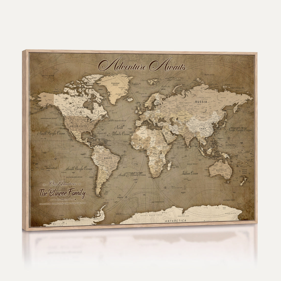 Custom Beige Modern Push Pin World Map Canvas Print, Family Travel Tracker, Dining Room and Home Office Decor