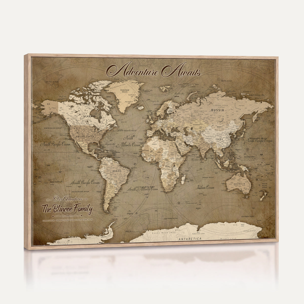 96775856-MGV-CV-36X24 - Custom Beige Modern Push Pin World Map Canvas Print, Family Travel Tracker, Dining Room and Home Office Decor