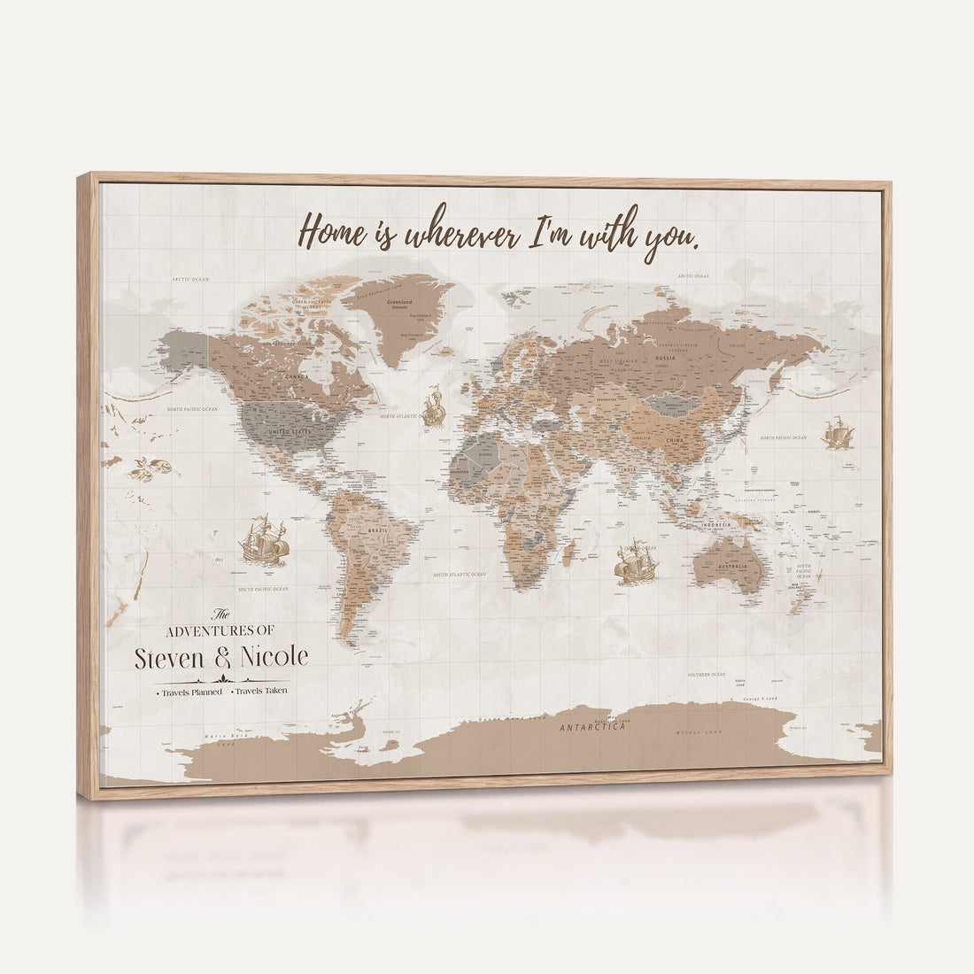 Personalized Beige Geometric Push Pin World Map Canvas Print, Countries Visited Map, Study and Home Office Decor