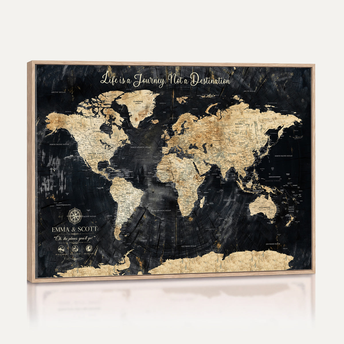 NEWMAP-13-MGV-CV-36X24 - Personalized Framed Navy Modern Push Pin World Map Canvas Print, Couples Countries Visited Map, Family Room and Study Decor