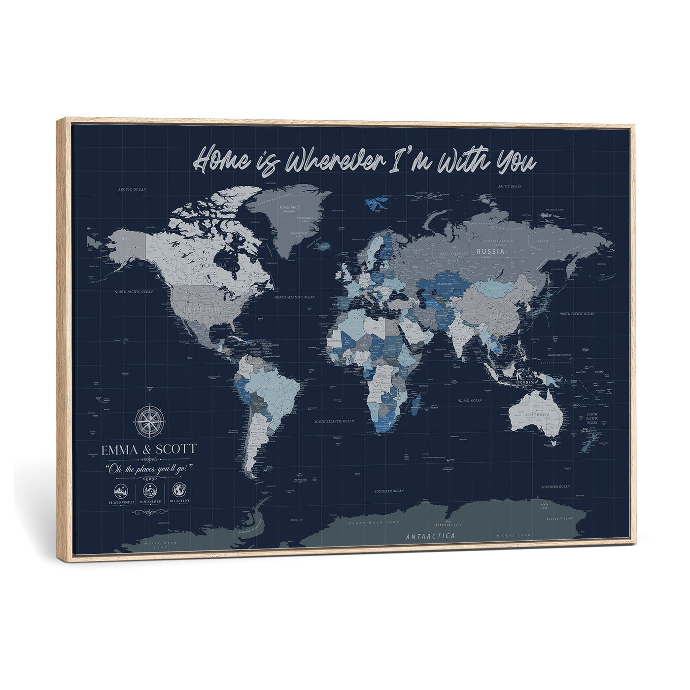 NEWMAP-18-MGV-CV-36X24 - Custom Push Pin World Map Wall Art Canvas Print – Personalized Travel Tracker with Pins Framed Large Print - NEWMAP-18