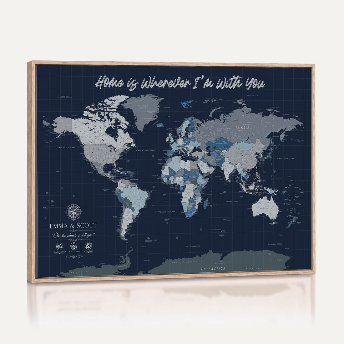 Custom Navy Geometric Push Pin World Map Wall Art, Honeymoon and Anniversary Gift, Living Room and Study Decor