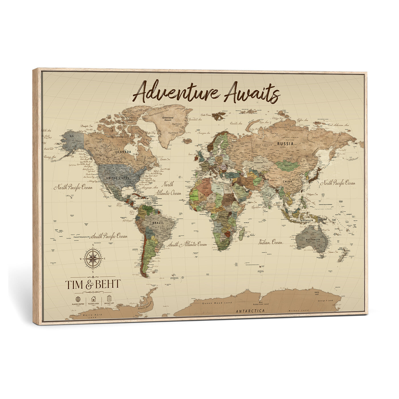 72027187-MGV-CV-36X24 - Custom Push Pin World Map Wall Art Canvas Print – Personalized Travel Tracker with Pins Framed Large for Home and Office Decor