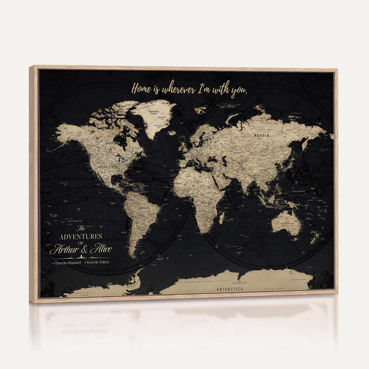31416046-MGV-CV-36X24 - Custom Framed Beige Vintage Push Pin Travel Map Canvas Print, Honeymoon and Anniversary Gift, Study and Hallway Decor