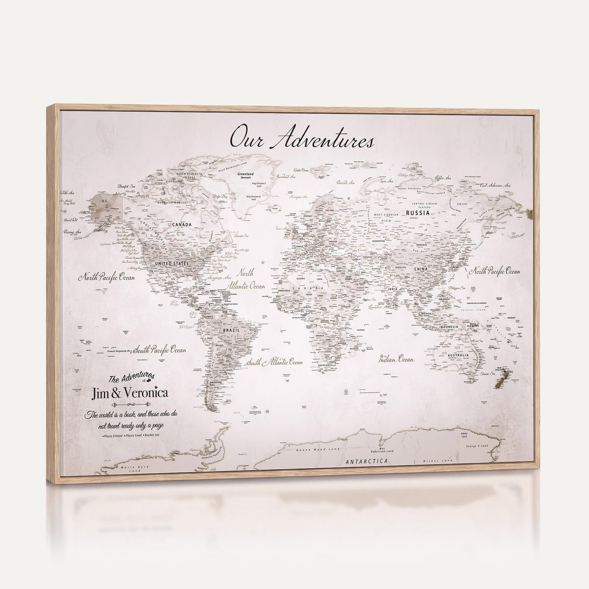 62392749-MGV-CV-36X24 - Personalized Beige Vintage World Travel Map Wall Art with Pins, Honeymoon and Anniversary Gift, Entryway and Hallway Decor