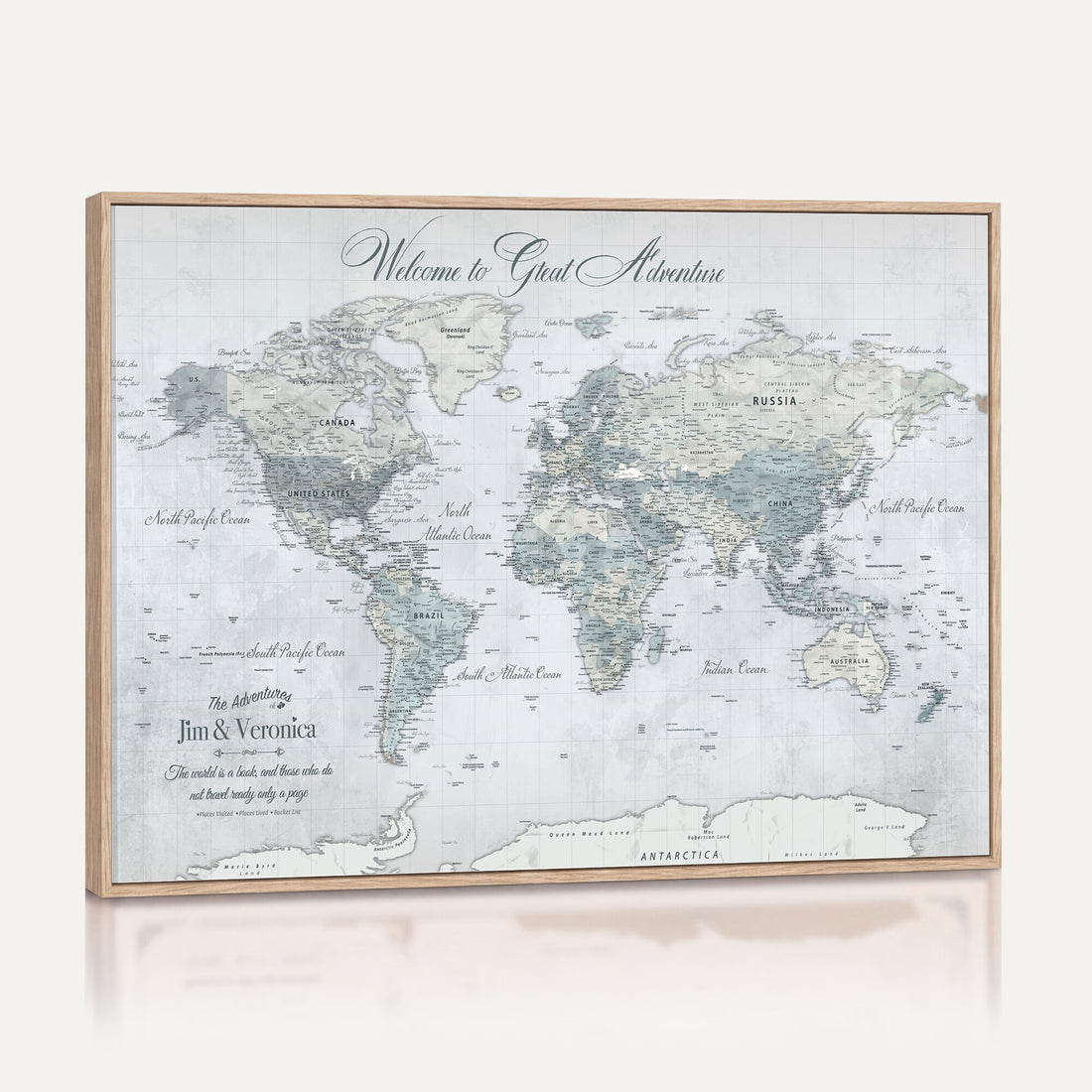 Personalized Beige Antique Push Pin World Map Canvas Print, Family Travel Tracker, Family Room and Entryway Decor