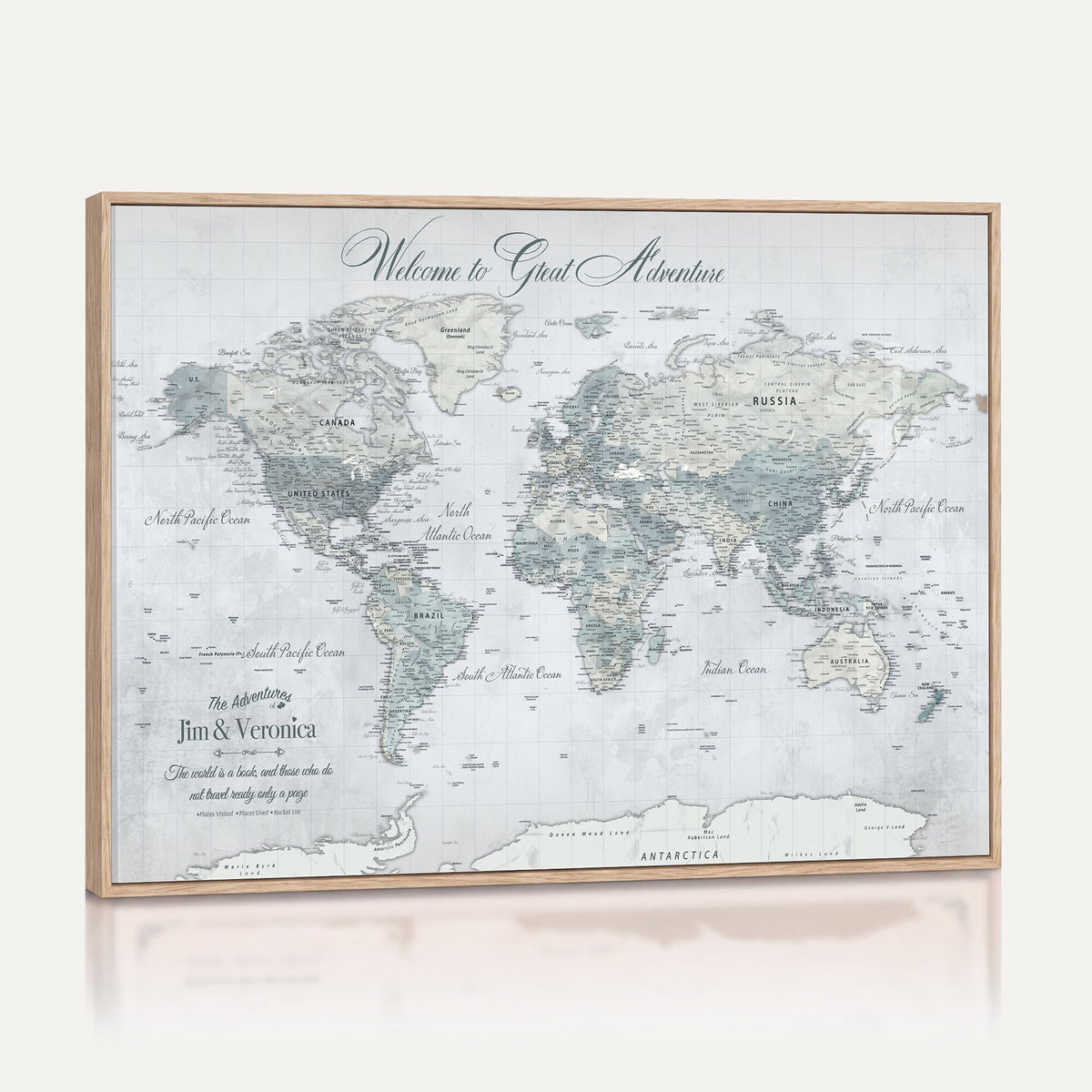55391088-MGV-CV-36X24 - Personalized Beige Antique Push Pin World Map Canvas Print, Family Travel Tracker, Family Room and Entryway Decor