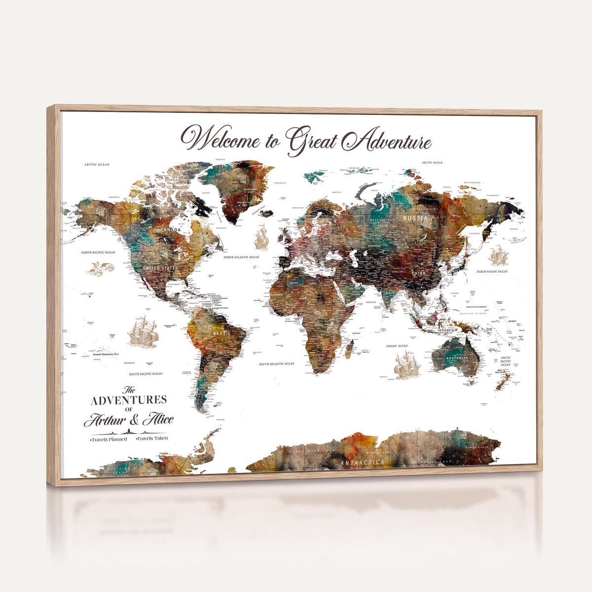 20271103-MGV-CV-36X24 - Custom Framed Beige Modern Push Pin World Map Wall Art, Couples Countries Visited Map, Study and Entryway Decor