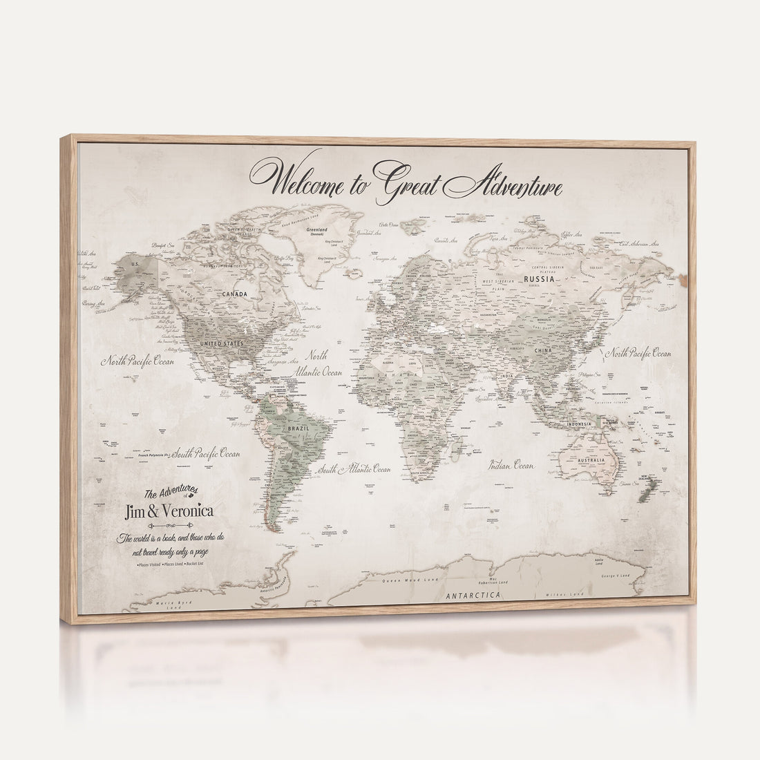Personalized Beige World Map Canvas with Push Pins, Places Visited Tracker, Family Room and Entryway Decor