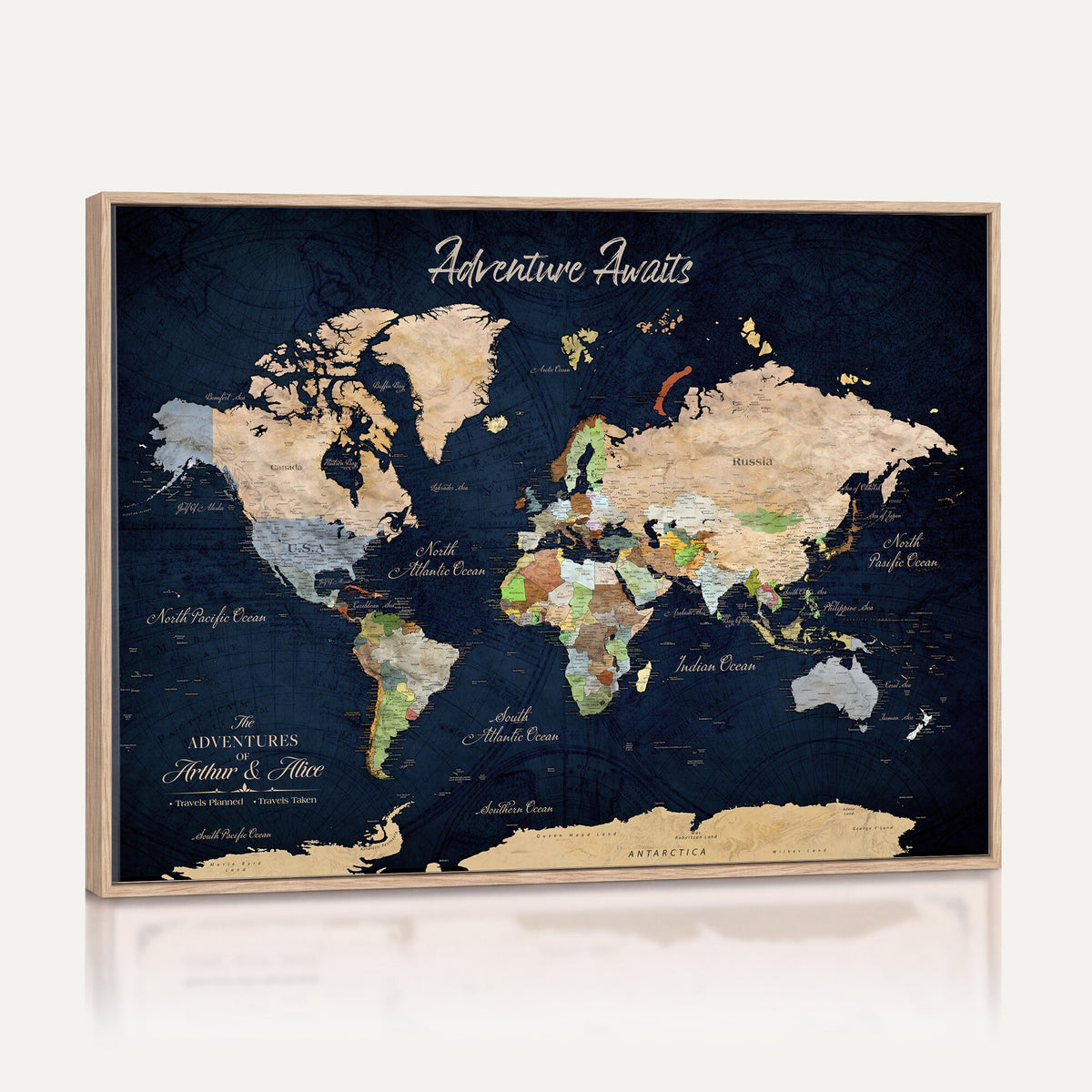 39120422-MGV-CV-36X24 - Personalized Beige Antique Push Pin Travel Map Canvas Print, Bucket List Map, Dining Room and Entryway Decor