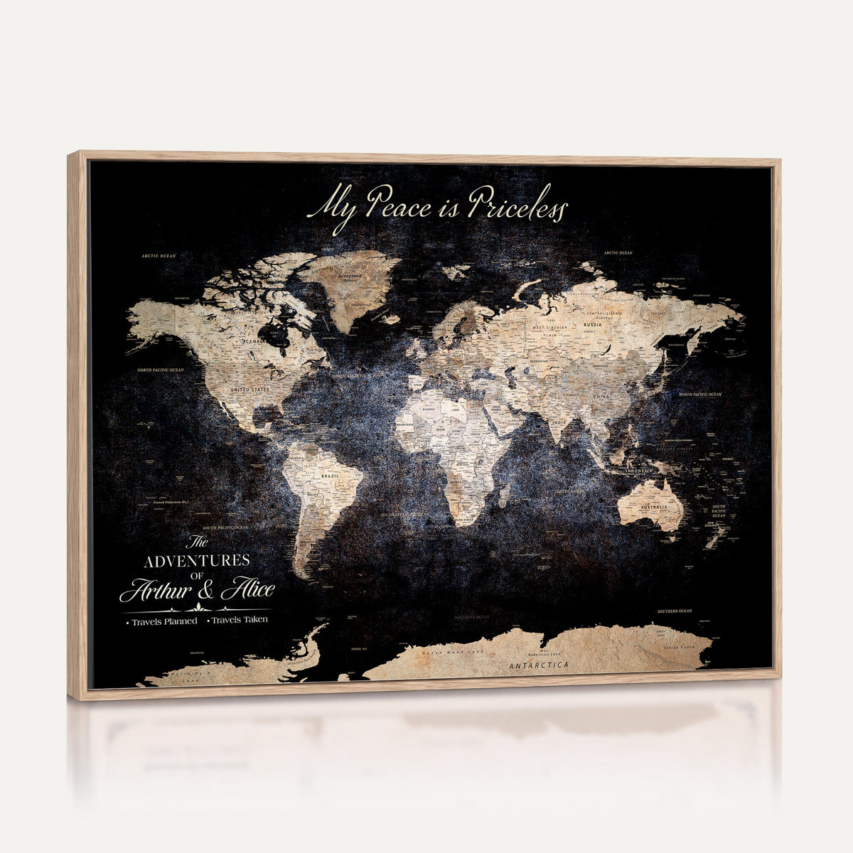 38689152-MGV-CV-36X24 - Personalized Beige World Map Canvas with Push Pins, Couples Countries Visited Map, Study and Hallway Decor