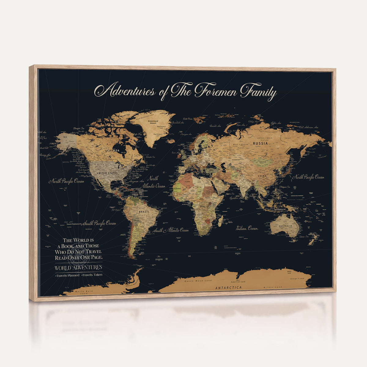 89403803-MGV-CV-36X24 - Personalized Beige Modern Family Adventure Push Pin World Map Canvas, Places Visited Tracker, Family Room and Home Office Decor