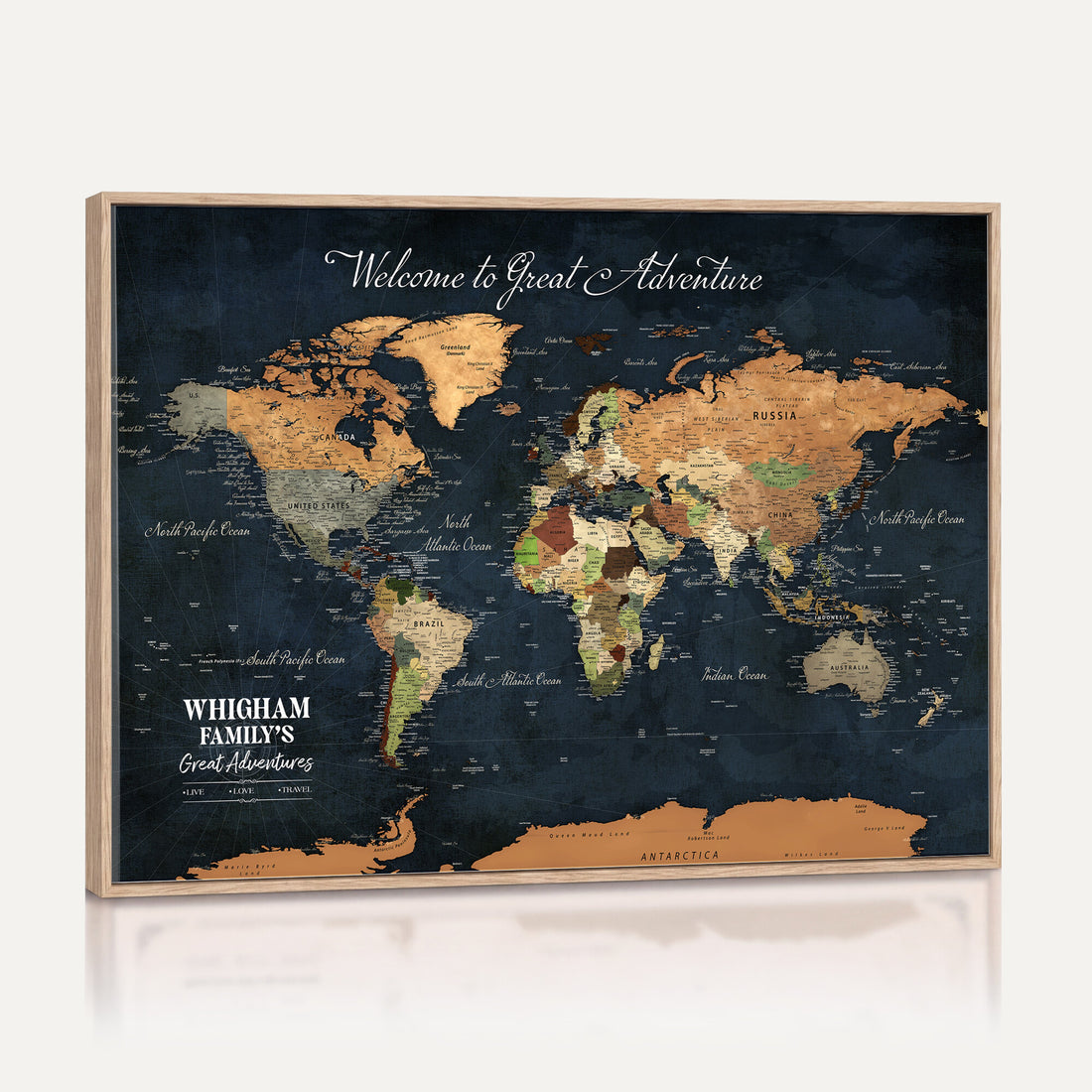 Personalized Framed Beige Modern Push Pin World Map Canvas Print, Bucket List Map, Family Room and Hallway Decor