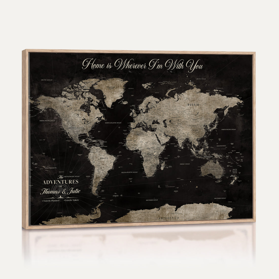 Personalized Framed Black Geometric World Map Canvas with Push Pins, Bucket List Map, Living Room and Dining Room Decor
