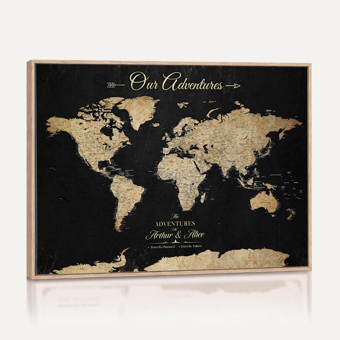 Personalized Framed Beige Push Pin World Map Canvas Print, Family Travel Tracker, Bedroom and Home Office Decor