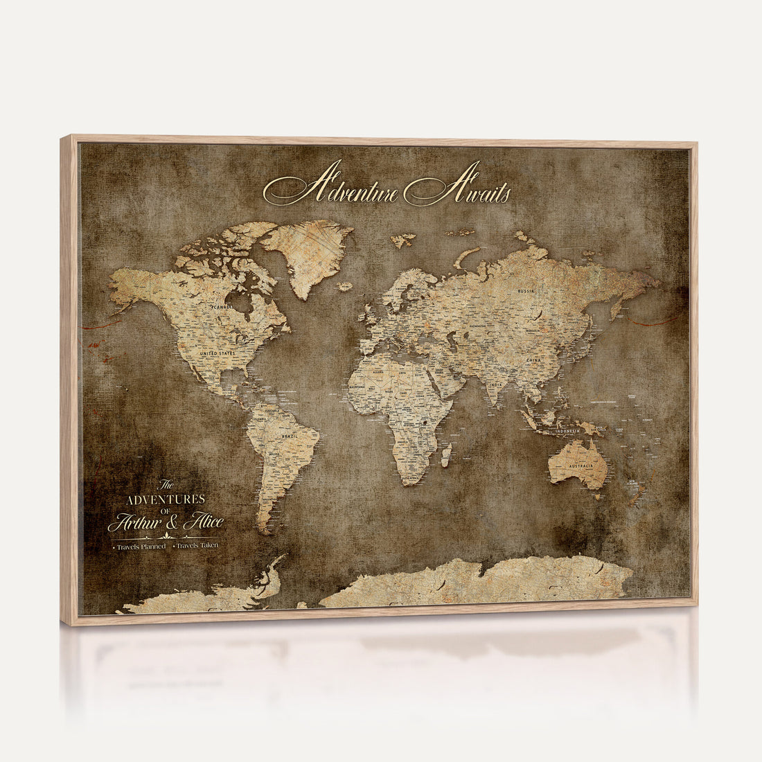 Personalized Framed Beige Push Pin Travel Map Canvas Print, Bucket List Map, Bedroom and Study Decor