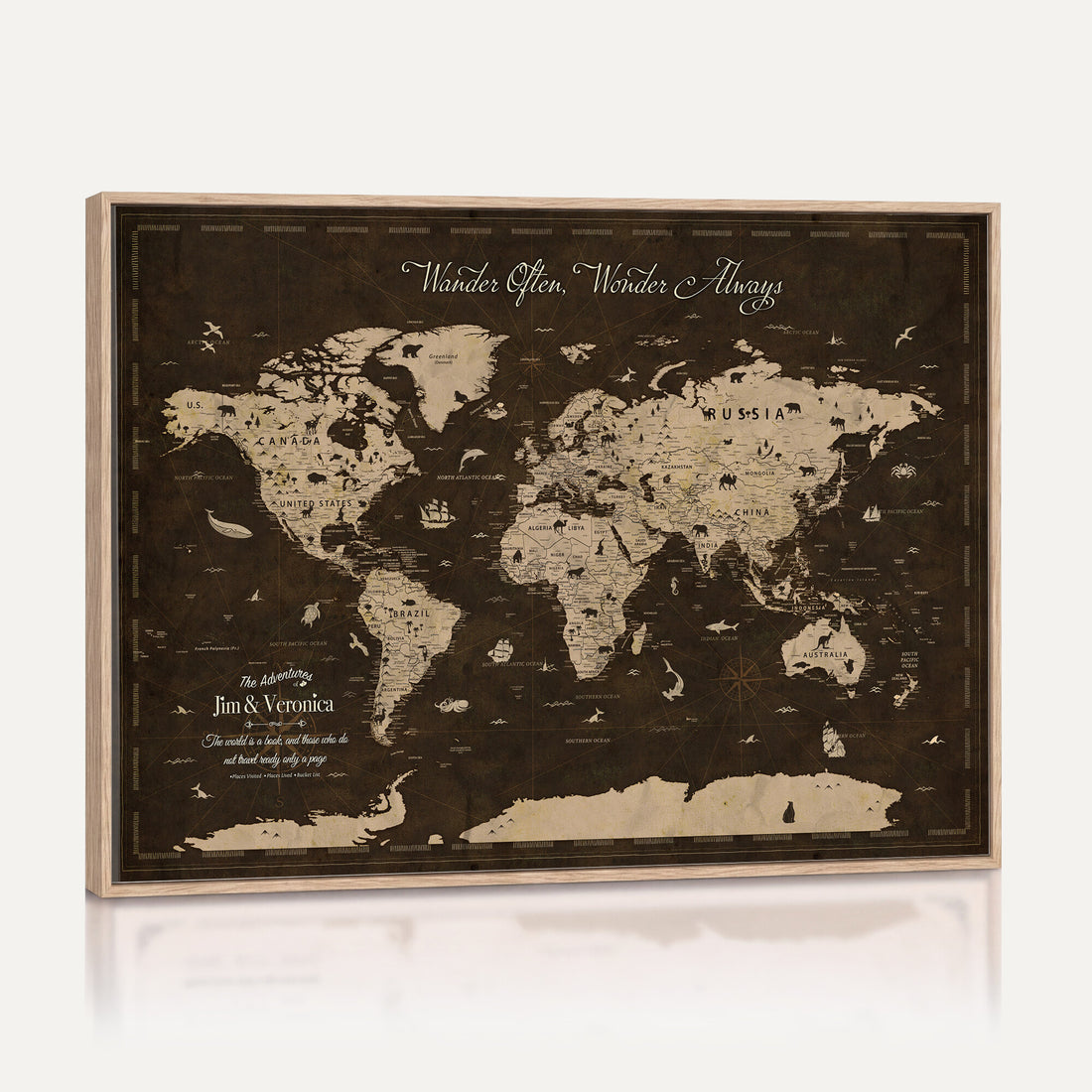Personalized Framed Navy Modern Push Pin Travel Map Canvas Print, Places Visited Tracker, Living Room and Home Office Decor
