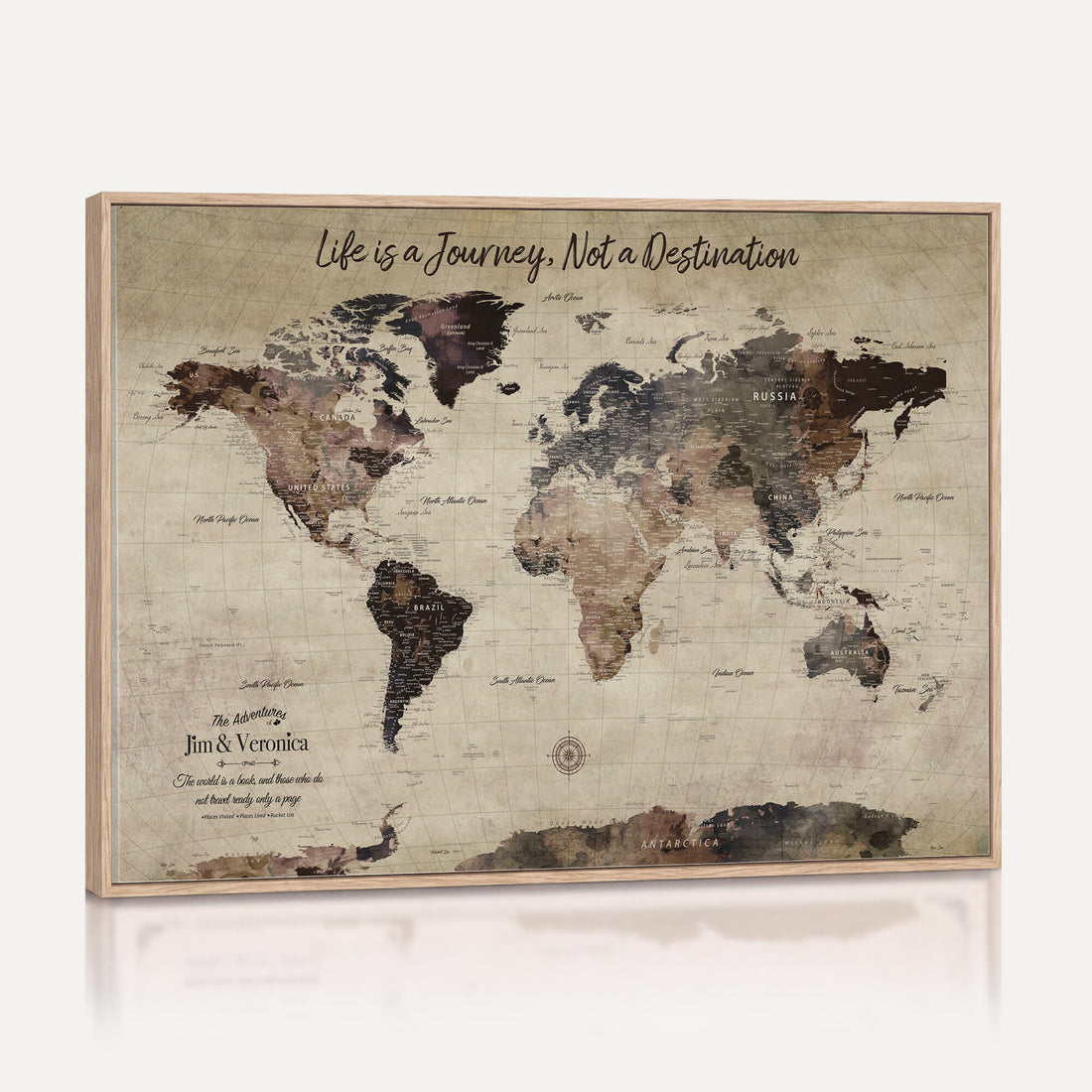 Custom Beige Vintage World Travel Map Wall Art with Pins, Bucket List Map, Bedroom and Hallway Decor