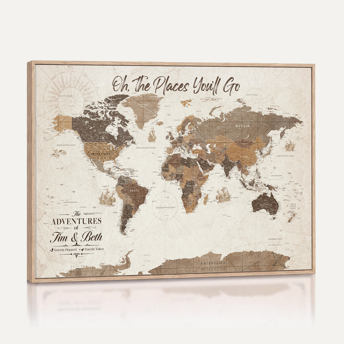 NEWMAP-8-MGV-CV-36X24 - Custom Beige World Travel Map Wall Art with Pins, Couples Countries Visited Map, Living Room and Study Decor
