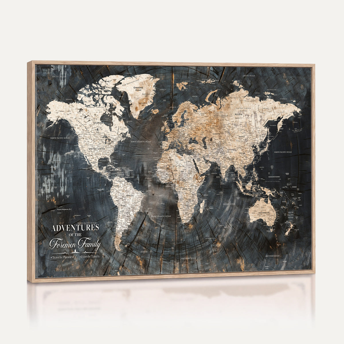 77865338-MGV-CV-36X24 - Personalized Framed Beige Push Pin World Map Canvas Print, Bucket List Map, Living Room and Hallway Decor