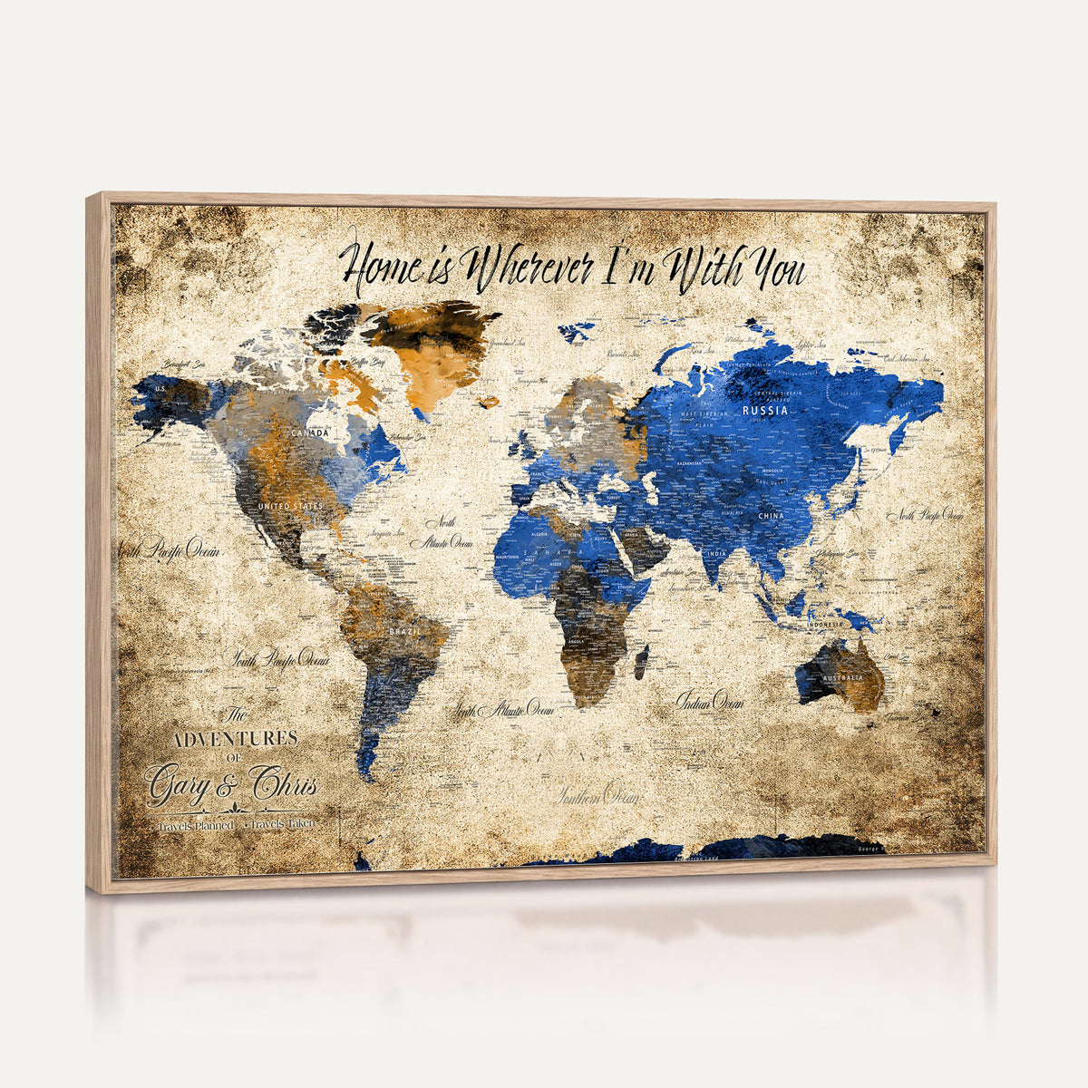 13332533-MGV-CV-36X24 - Personalized Framed Beige World Map Canvas with Push Pins, Honeymoon and Anniversary Gift, Living Room and Home Office Decor