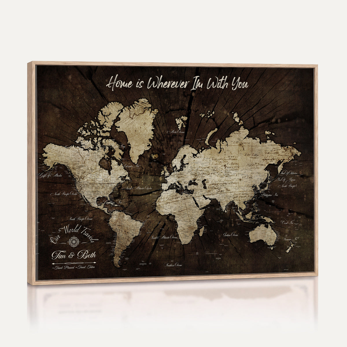 46573259-MGV-CV-36X24 - Personalized Watercolor Push Pin World Map Canvas Wall Art, Custom Framed Travel Map - NEWMAP-094