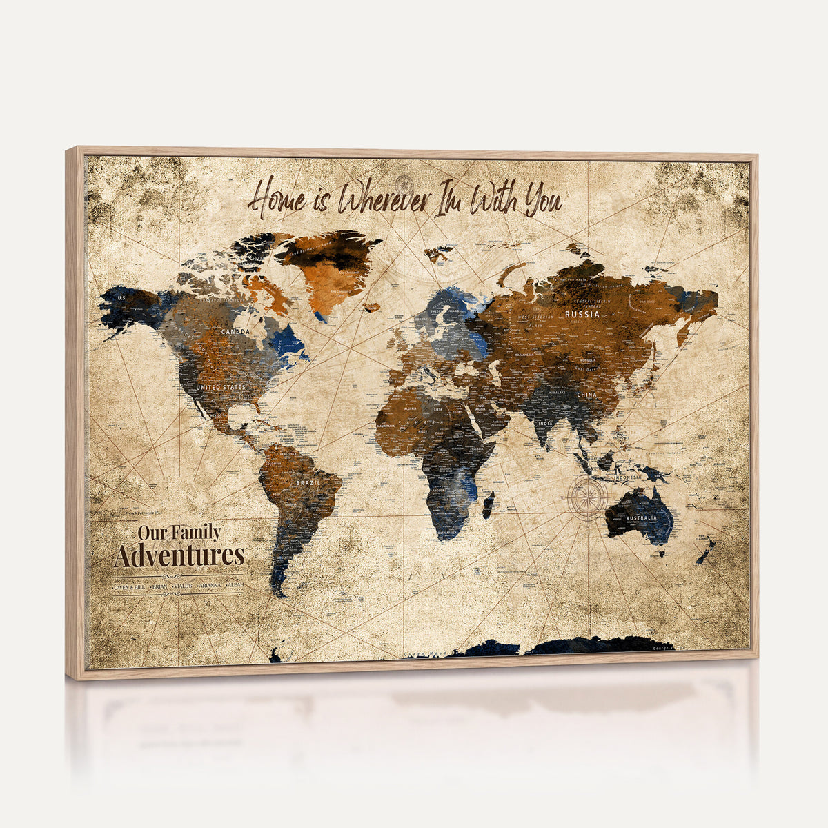17548029-MGV-CV-36X24 - Personalized Framed Beige Modern Push Pin World Map Canvas Print, Bucket List Map, Home Office and Study Decor