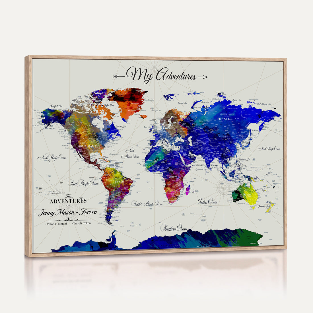 Detailed Custom Framed Beige Modern World Map Canvas with Push Pins, Honeymoon and Anniversary Gift, Dining Room and Home Office Decor