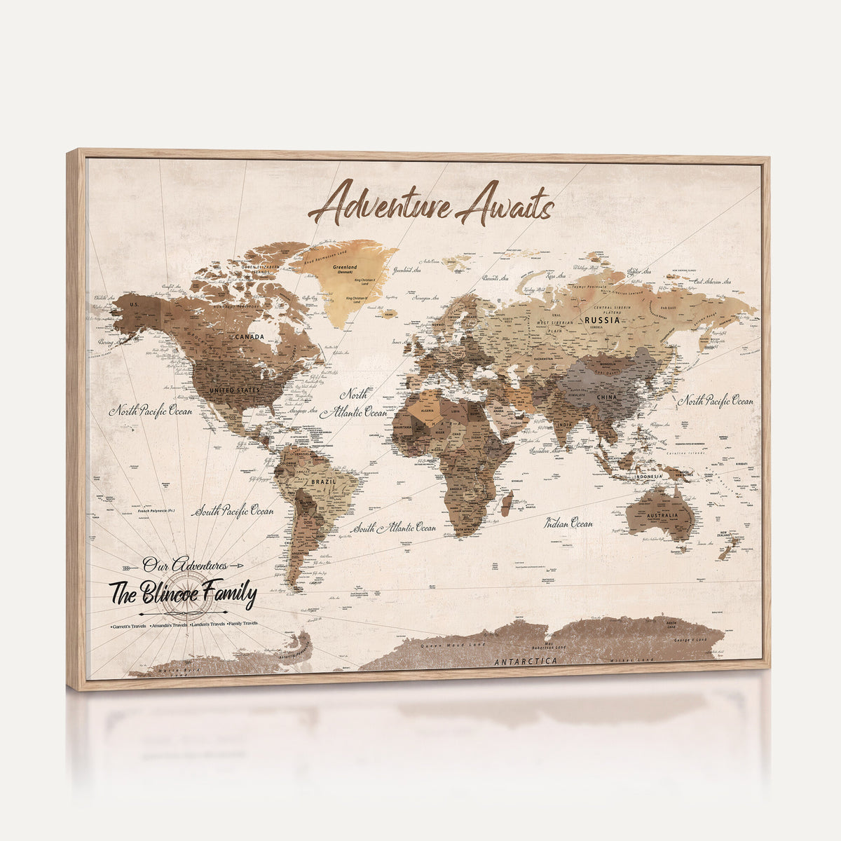 64110351-MGV-CV-36X24 - Personalized Framed White Modern Push Pin Travel Map Canvas Print, Bucket List Map, Dining Room and Study Decor