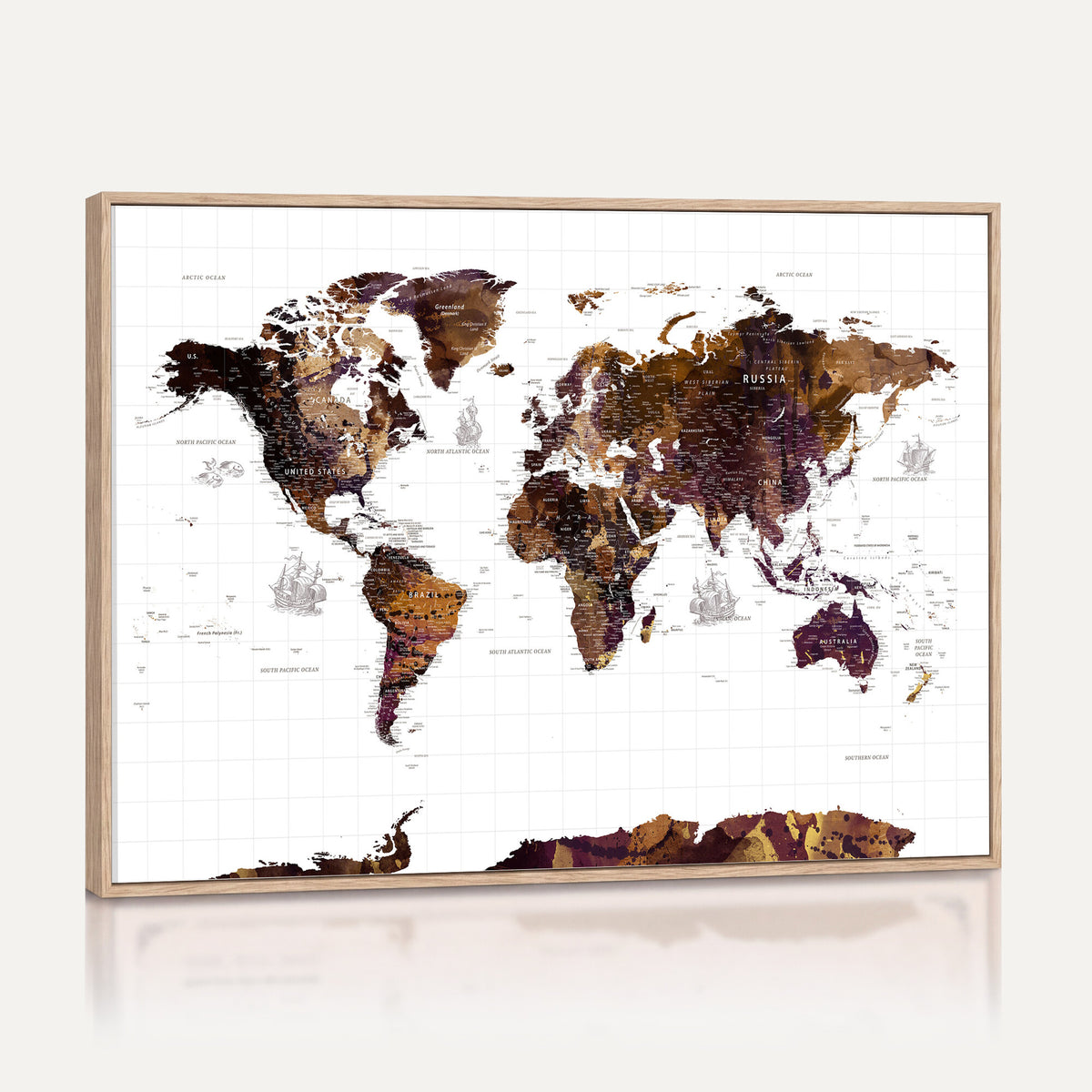 34792695-MGV-CV-36X24 - Rustic World Map Wall Art Canvas Print | Large Vintage Blue World Map on Wood Grain Style Background