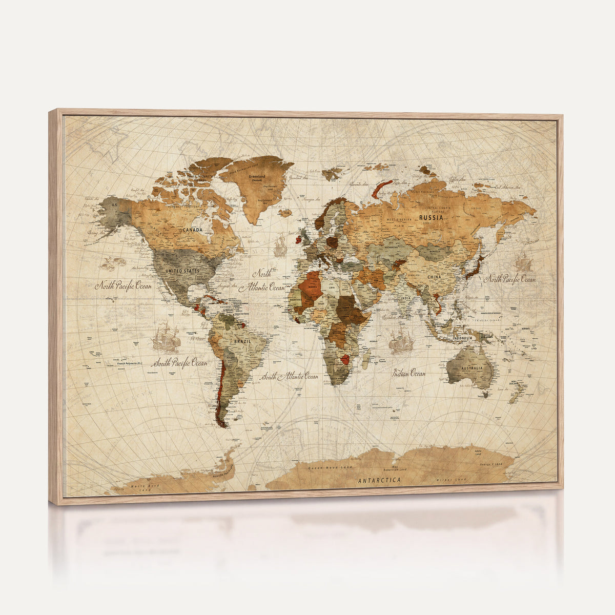 29684537-MGV-CV-36X24 - Vintage World Map Canvas Print, Framed Rustic Detailed Map of the World, Explorer Decor