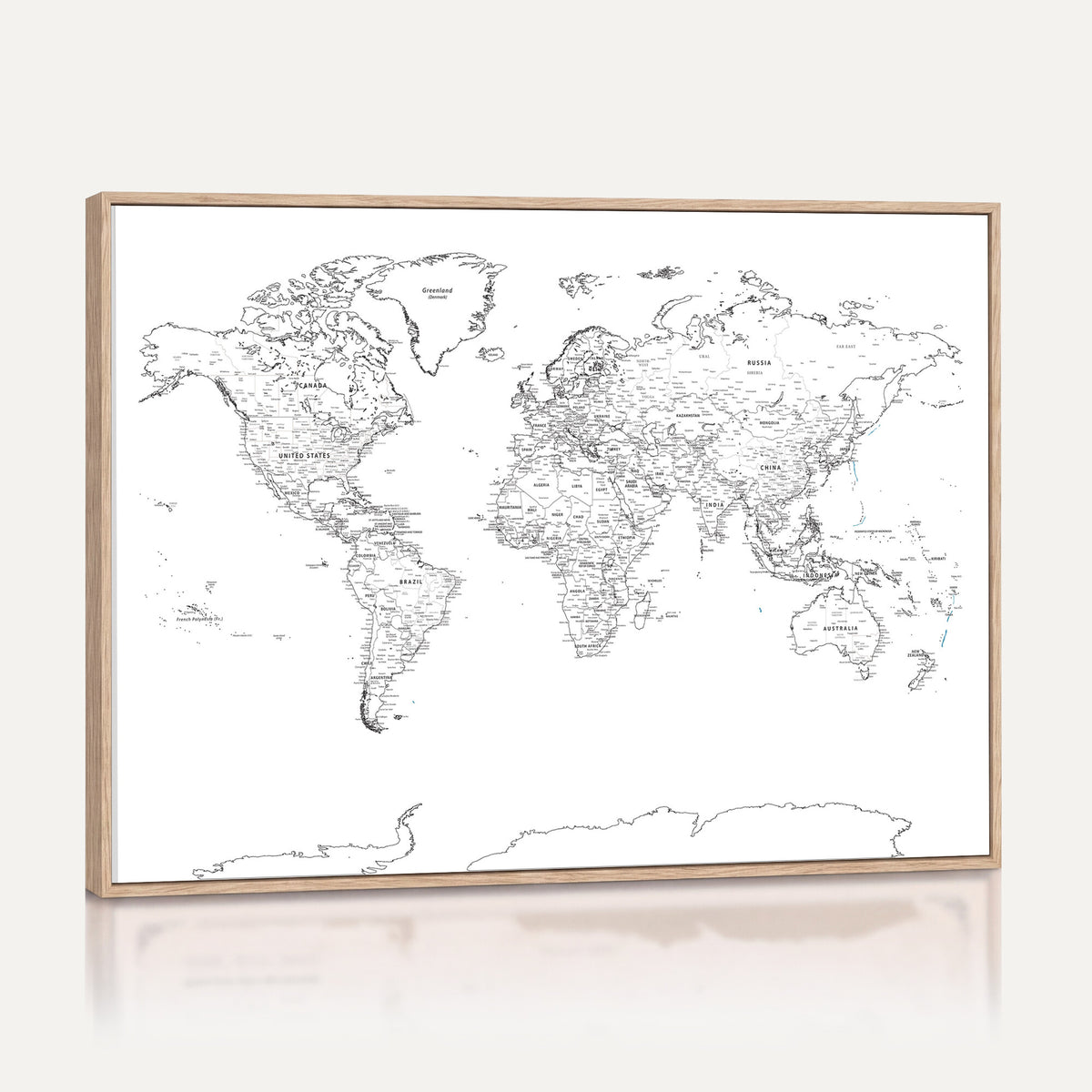 21002736-MGV-CV-36X24 - World Map Canvas Print, Framed Modern Detailed Map of the World for Home or Office