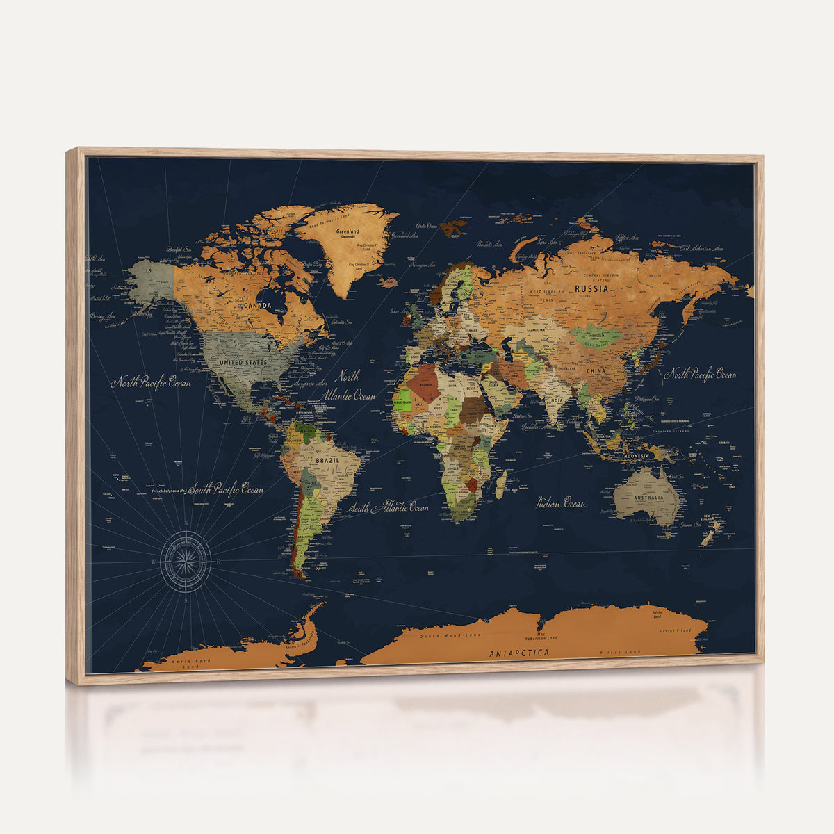11715182-MGV-CV-36X24 - Modern World Map Canvas Print, Framed Detailed Map of the World Wall Art