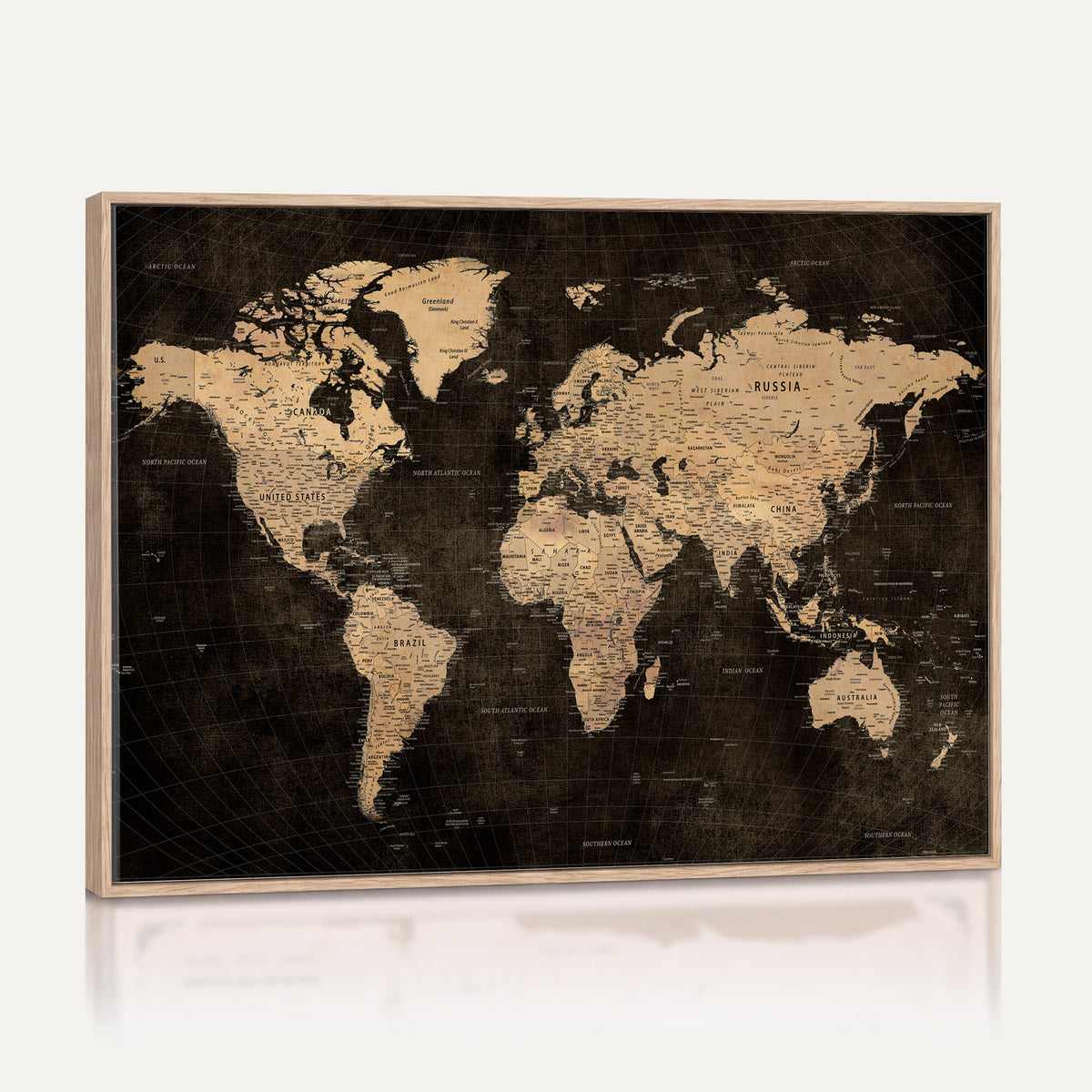 15118265-MGV-CV-36X24 - Brown World Map Canvas Print | Modern Travel Map Wall Art