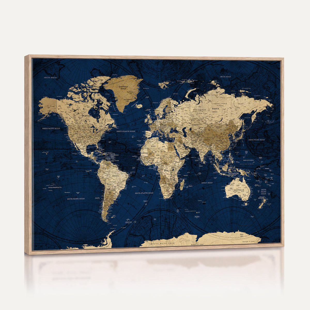 54770746-MGV-CV-36X24 - Navy Blue World Map Canvas Print – Detailed Map Minimal Navy
