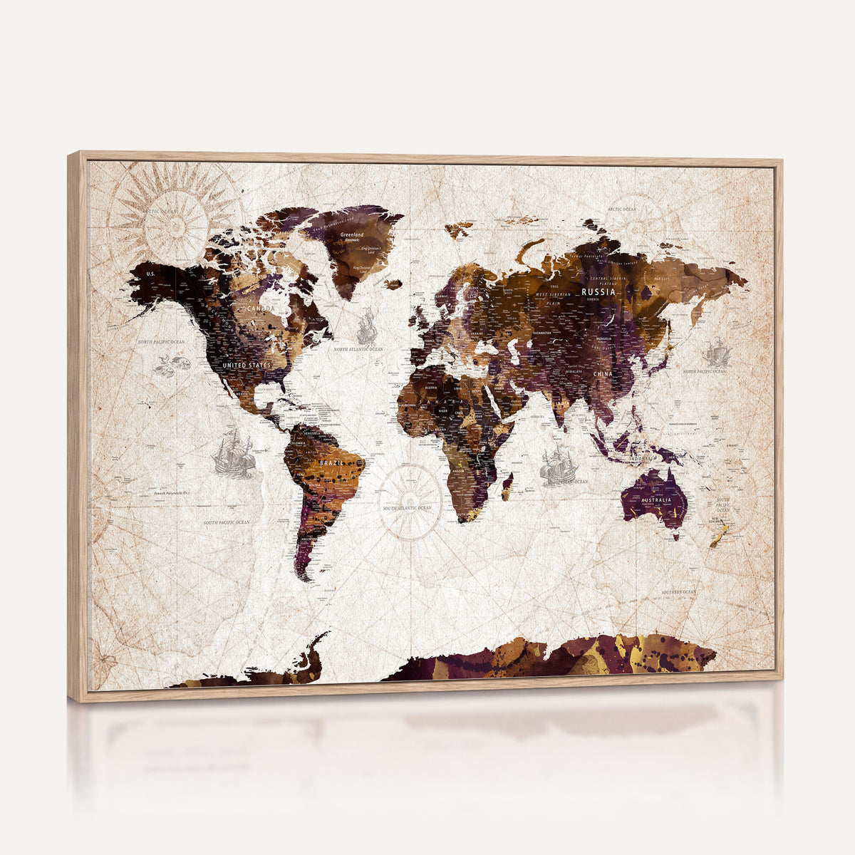 53400857-MGV-CV-36X24 - Blue Watercolor World Map Canvas Print – Framed Modern Wall
