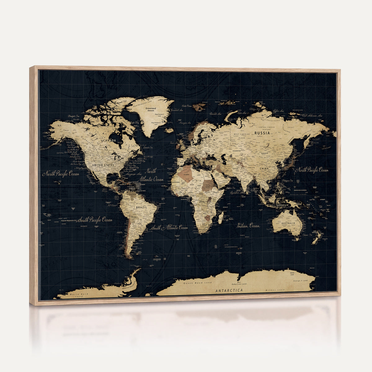 45063434-MGV-CV-36X24 - Dark World Map Canvas Wall Art Print, Minimal Black and Gold Map