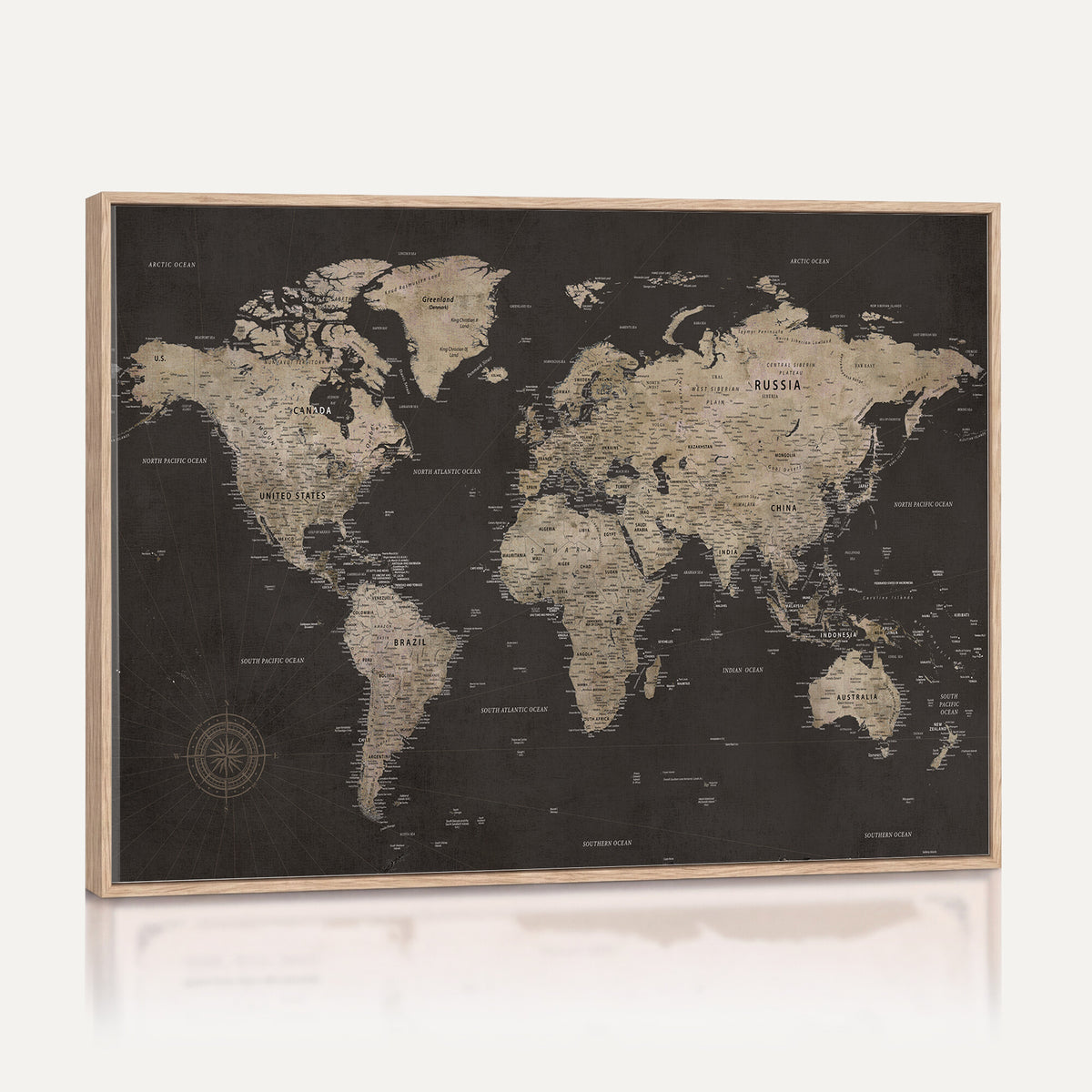 56556018136-MGV-CV-36X24 - World Map Canvas Wall Art, Dark Charcoal and Antique Tan Detailed Map