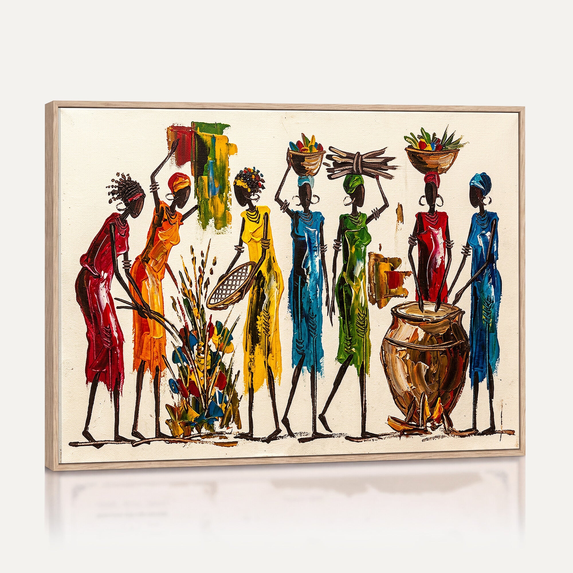 83463154-MGV-CV-36X24 - African Folk Art Canvas Wall Art, Colorful African Women Village Painting Print, Tribal Ethnic Home Decor, Vibrant African Art, Living Room